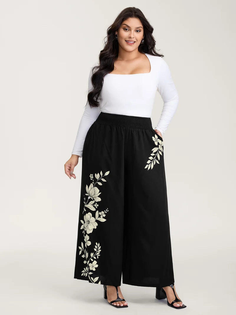 Floral Print Shirred Waist Wide-Leg Pants