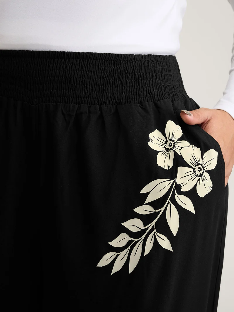 Floral Print Shirred Waist Wide-Leg Pants