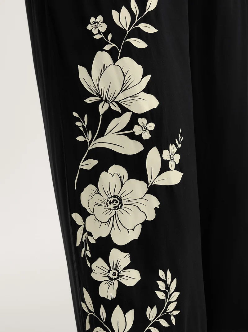 Floral Print Shirred Waist Wide-Leg Pants