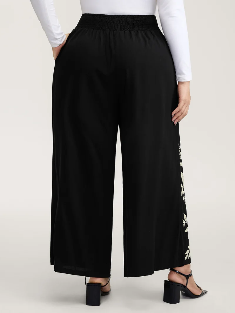 Floral Print Shirred Waist Wide-Leg Pants