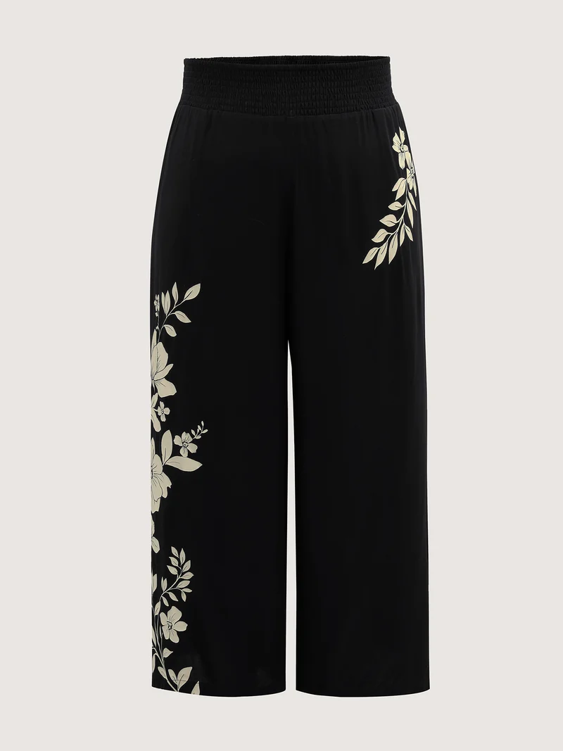 Floral Print Shirred Waist Wide-Leg Pants