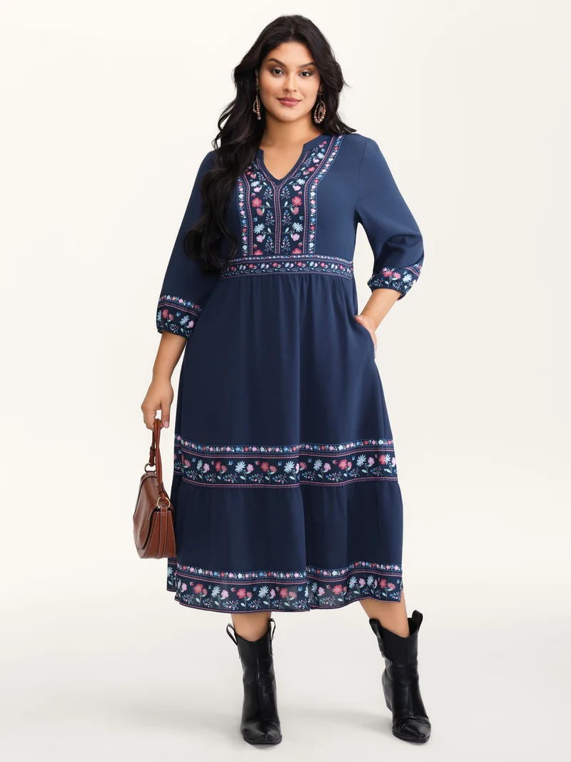 Floral Pattern Stretchy Waist Notched Maxi Dress