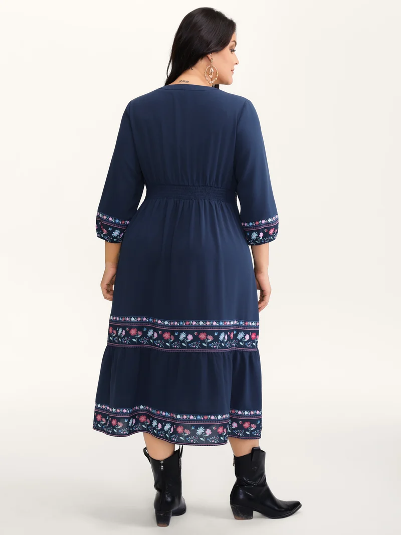 Floral Pattern Stretchy Waist Notched Maxi Dress
