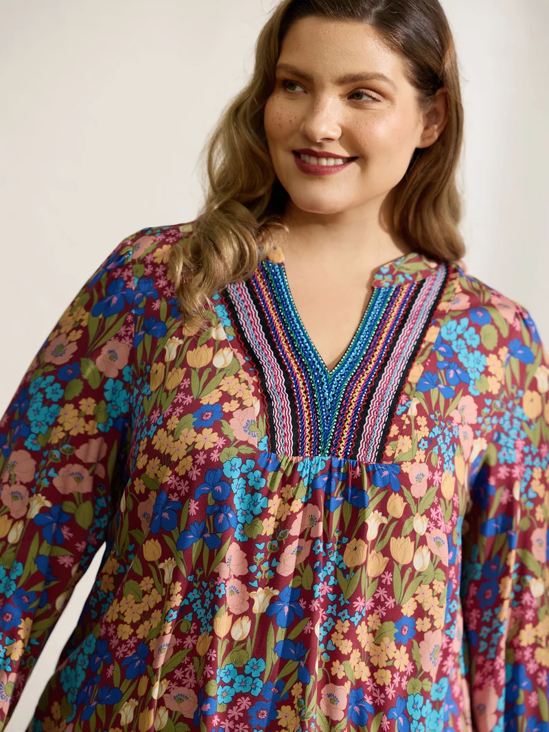 Floral Print Contrast Webbing Notched Neckline Blouse