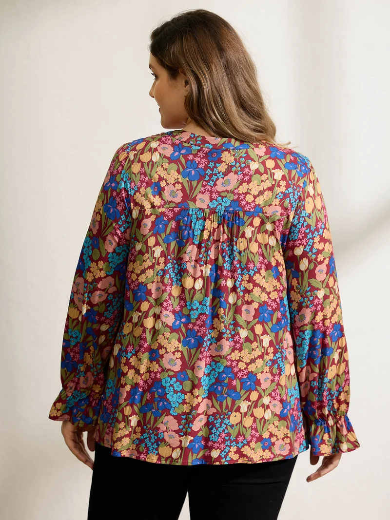 Floral Print Contrast Webbing Notched Neckline Blouse