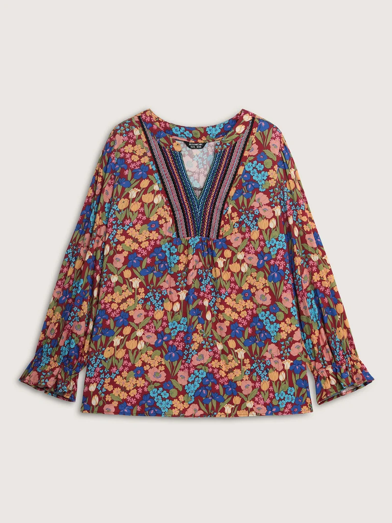 Floral Print Contrast Webbing Notched Neckline Blouse