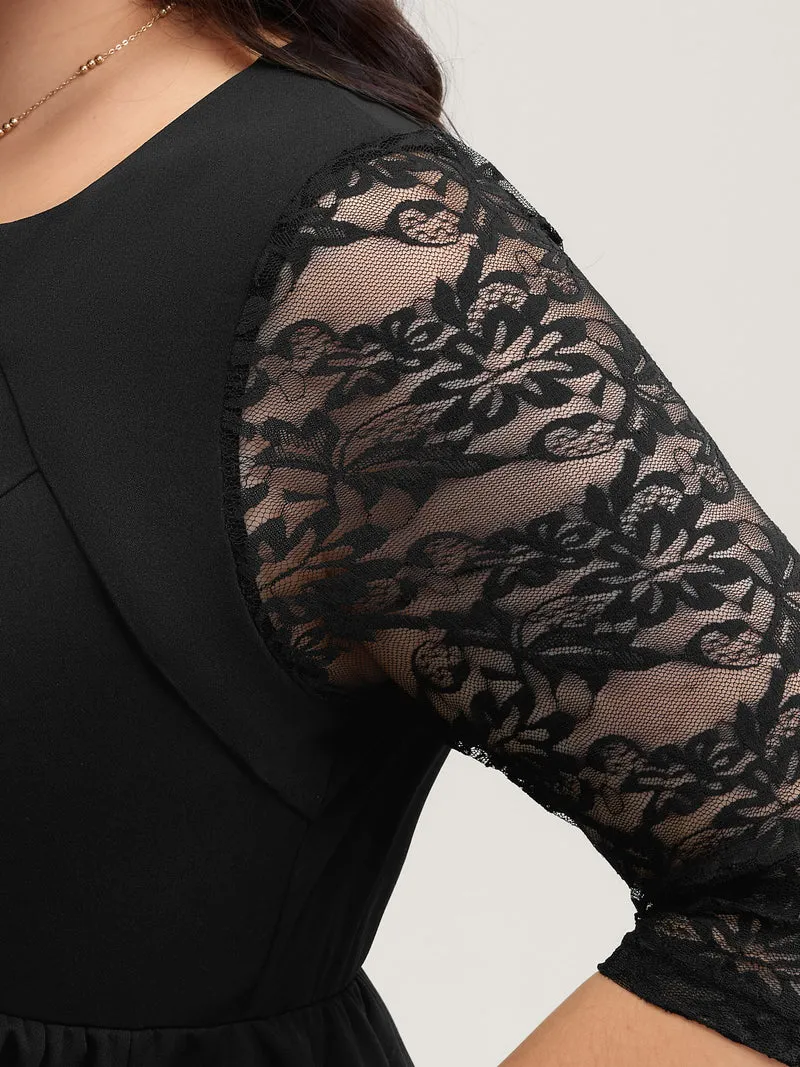 Stretchy Sheer Sleeve Cinched-Waist Midi Dress