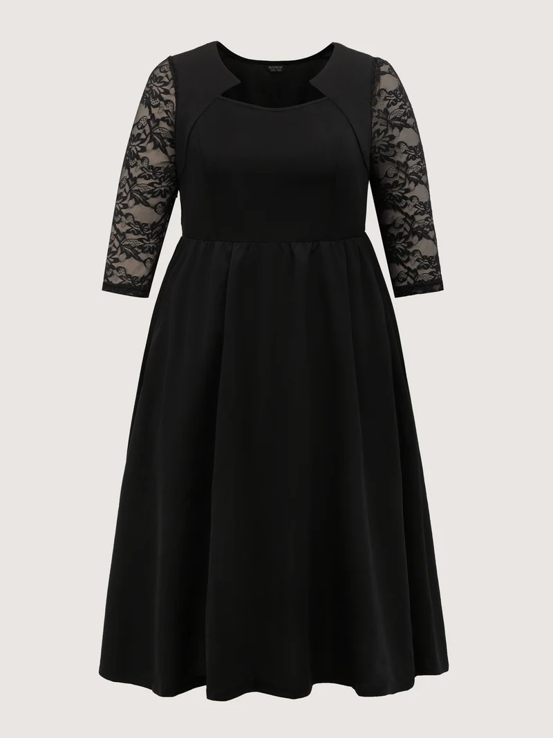 Stretchy Sheer Sleeve Cinched-Waist Midi Dress