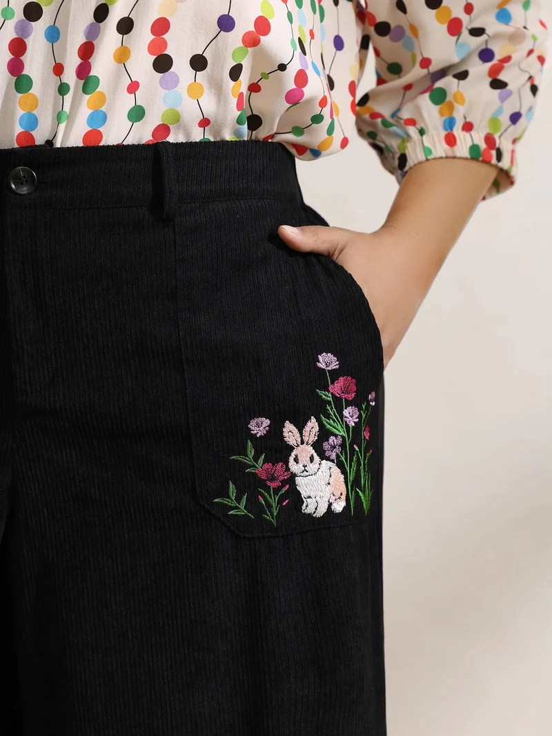 Floral Embroidery Wide-Leg Pants