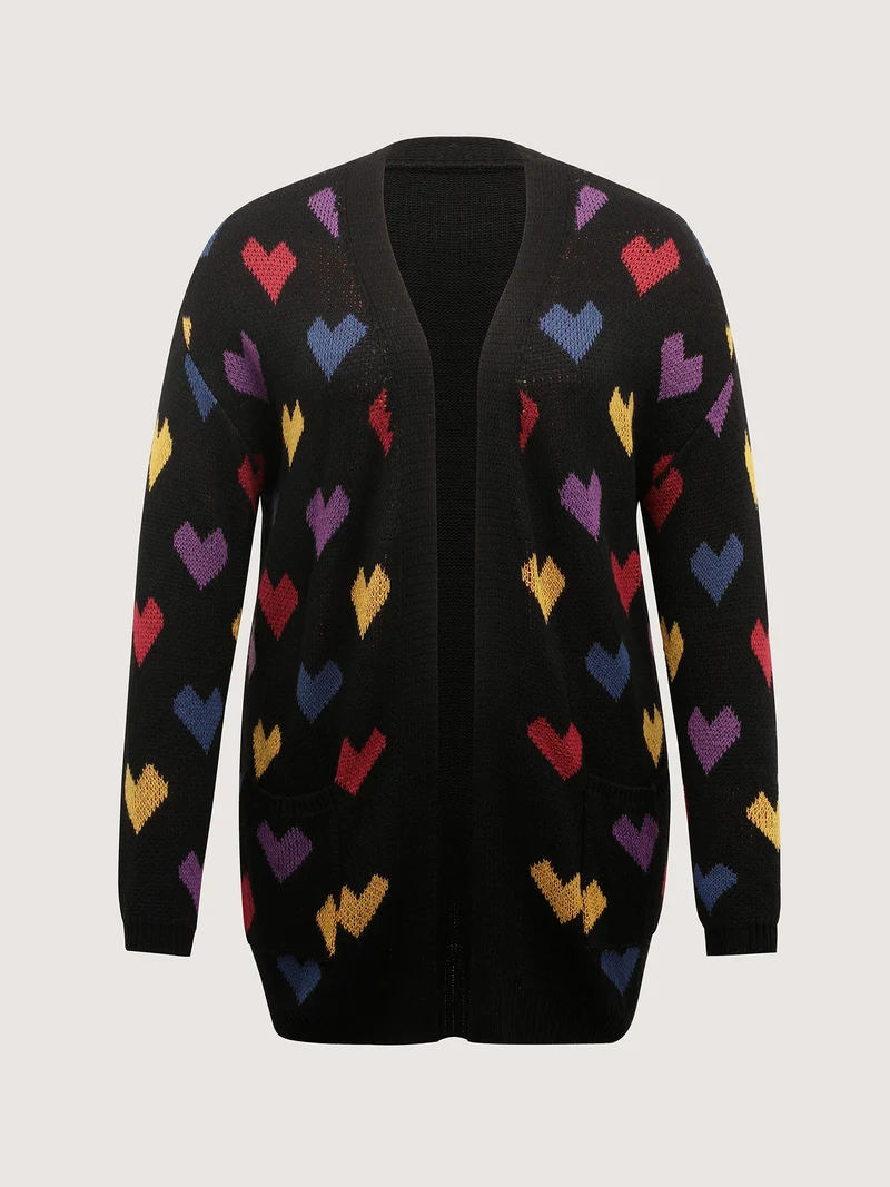 Colorful Hearts Jacquard Pockets Knit Cardigan