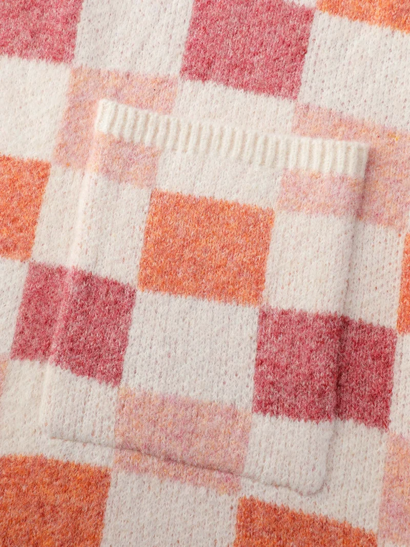 Checkered Color Contrast Open-Front Cardigan