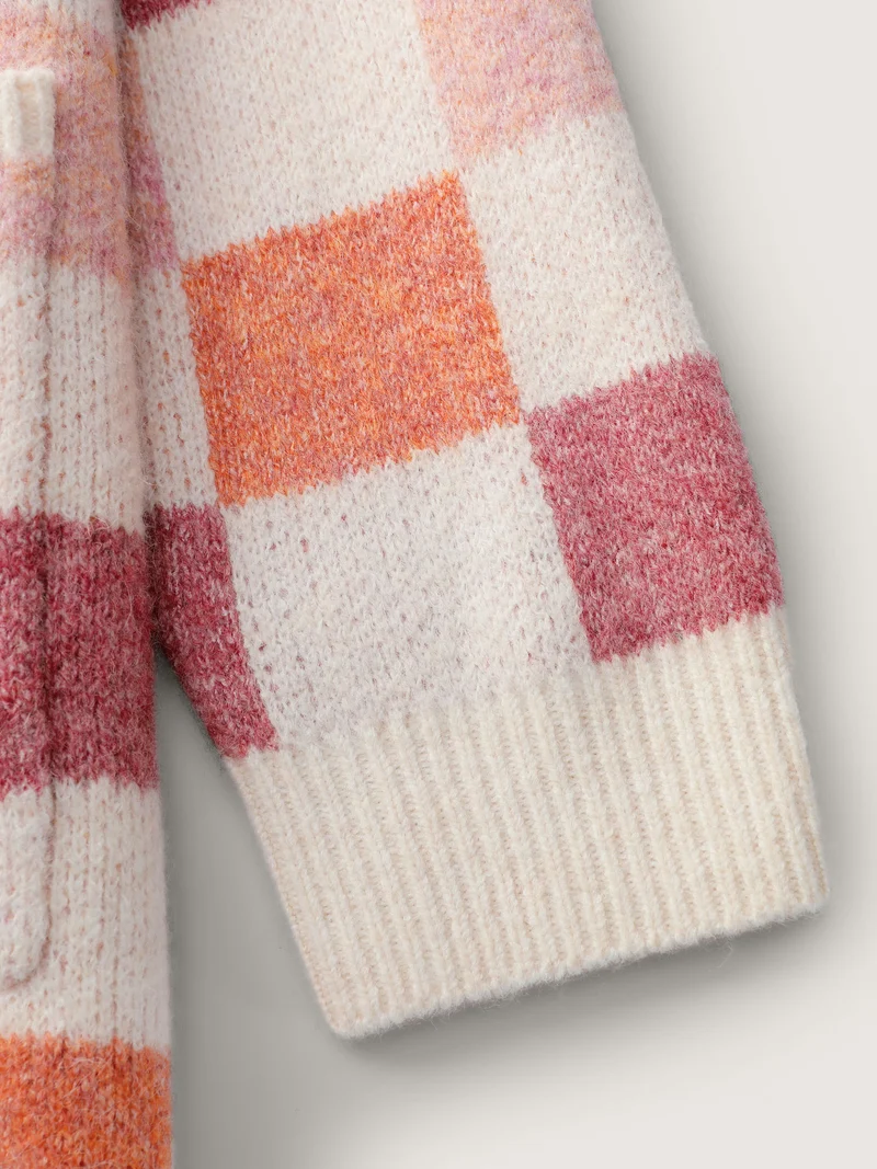Checkered Color Contrast Open-Front Cardigan