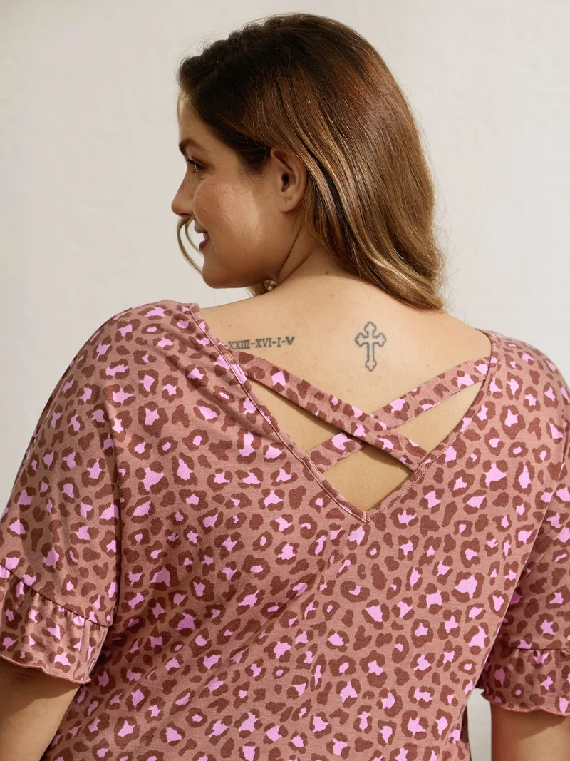 Blushing Leopard Print Cross-Strap Back T-Shirt