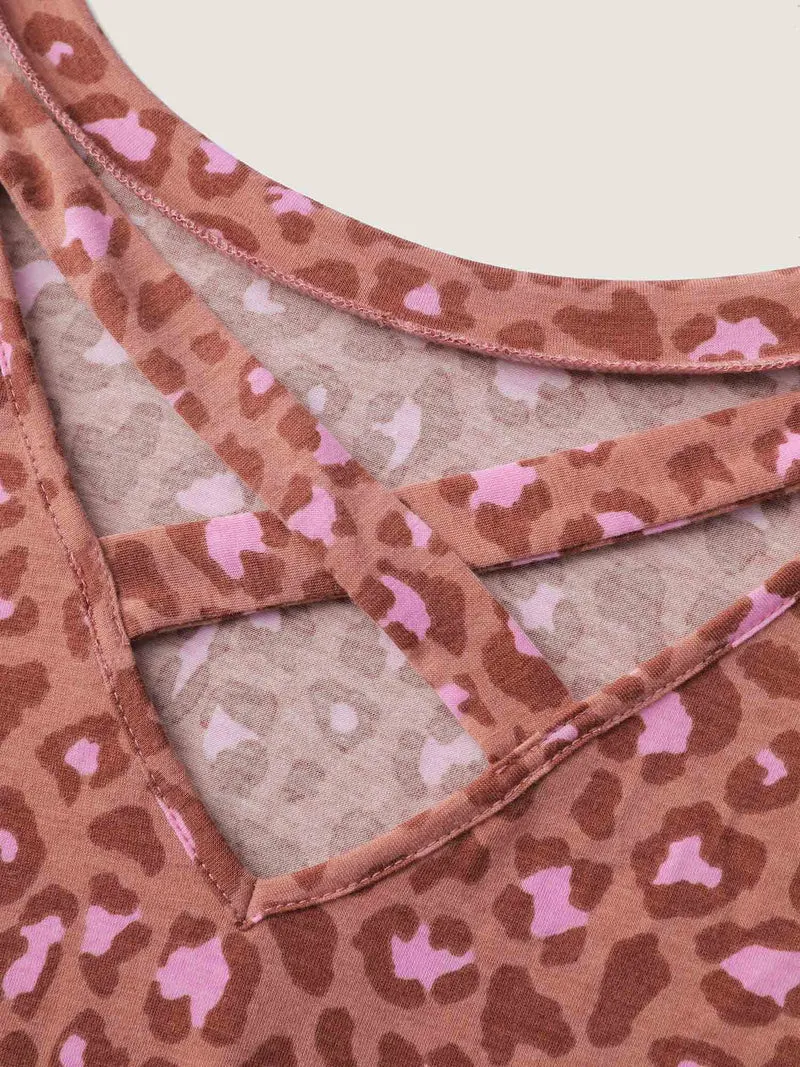 Blushing Leopard Print Cross-Strap Back T-Shirt