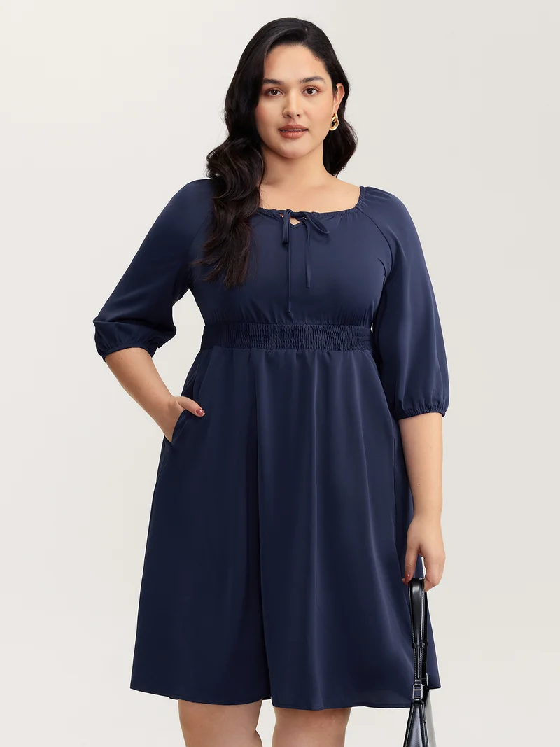 Neck-Tie Lantern Sleeve Shirred Midi Dress