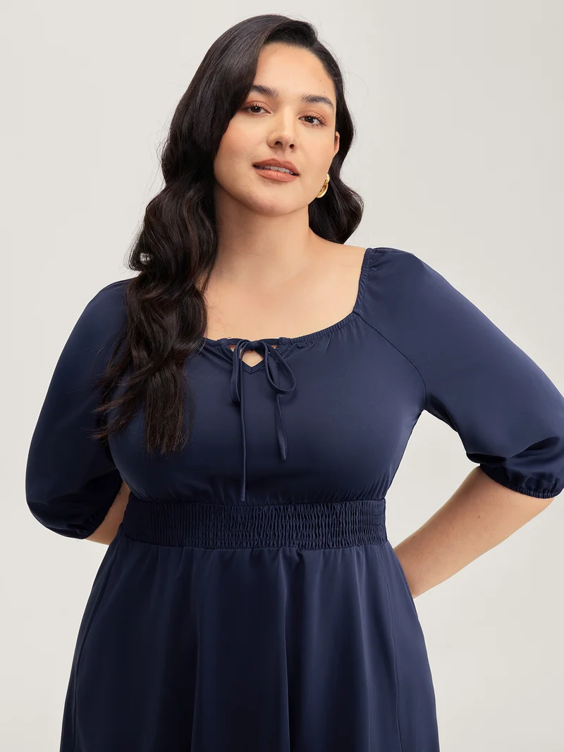 Neck-Tie Lantern Sleeve Shirred Midi Dress