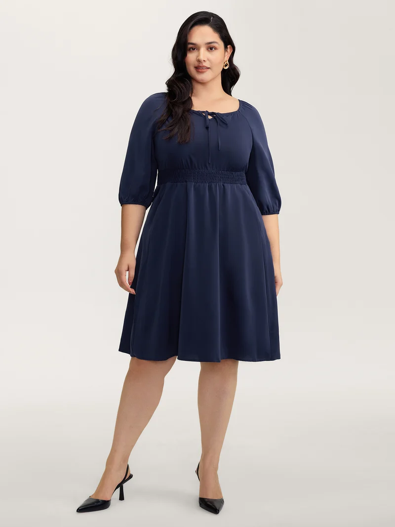 Neck-Tie Lantern Sleeve Shirred Midi Dress