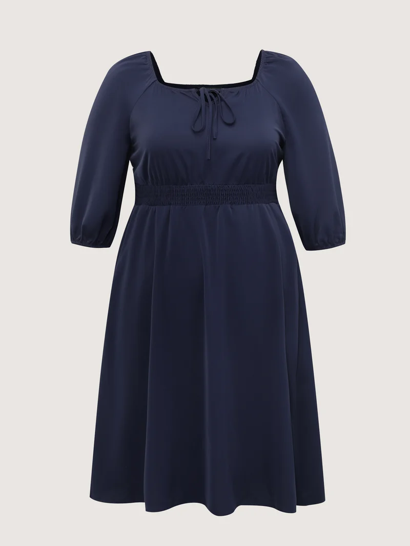 Neck-Tie Lantern Sleeve Shirred Midi Dress