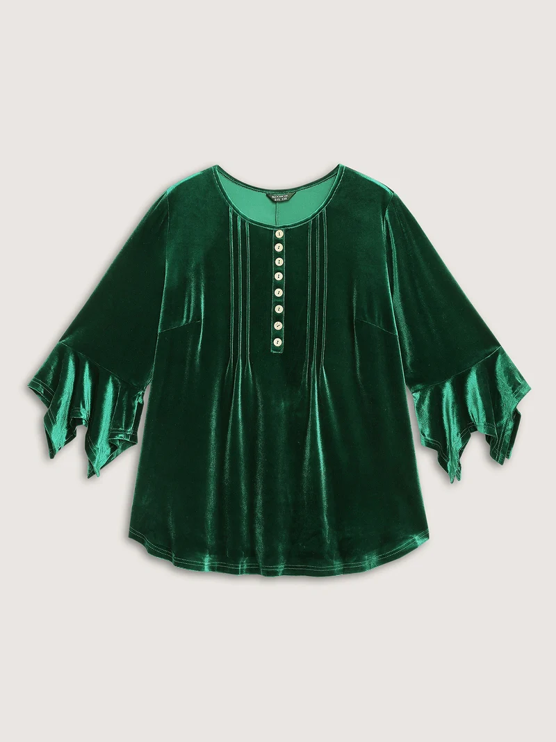 Velvet Pleated Button Neckline Blouse