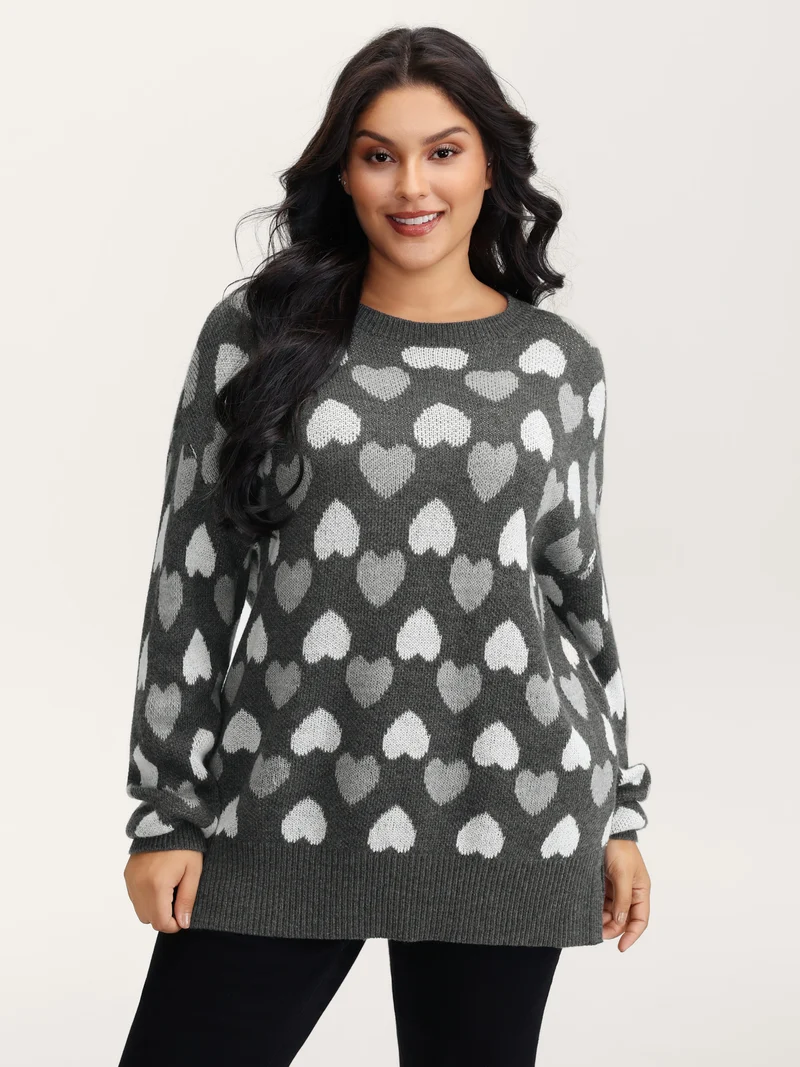Monochrome Hearts Slit Round Neck Pullover