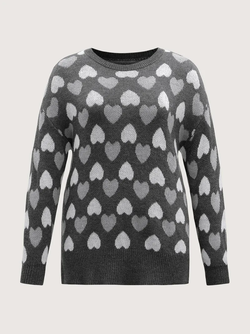 Monochrome Hearts Slit Round Neck Pullover