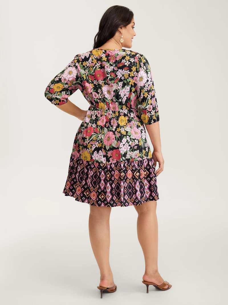 Rayon Floral Print Cinched Waist Mini Dress