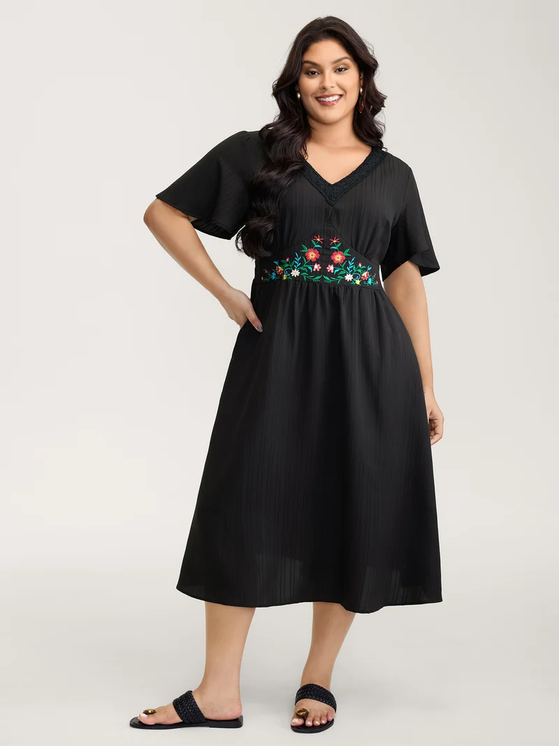 Floral Embroidered Waist Lace Trim Midi Dress
