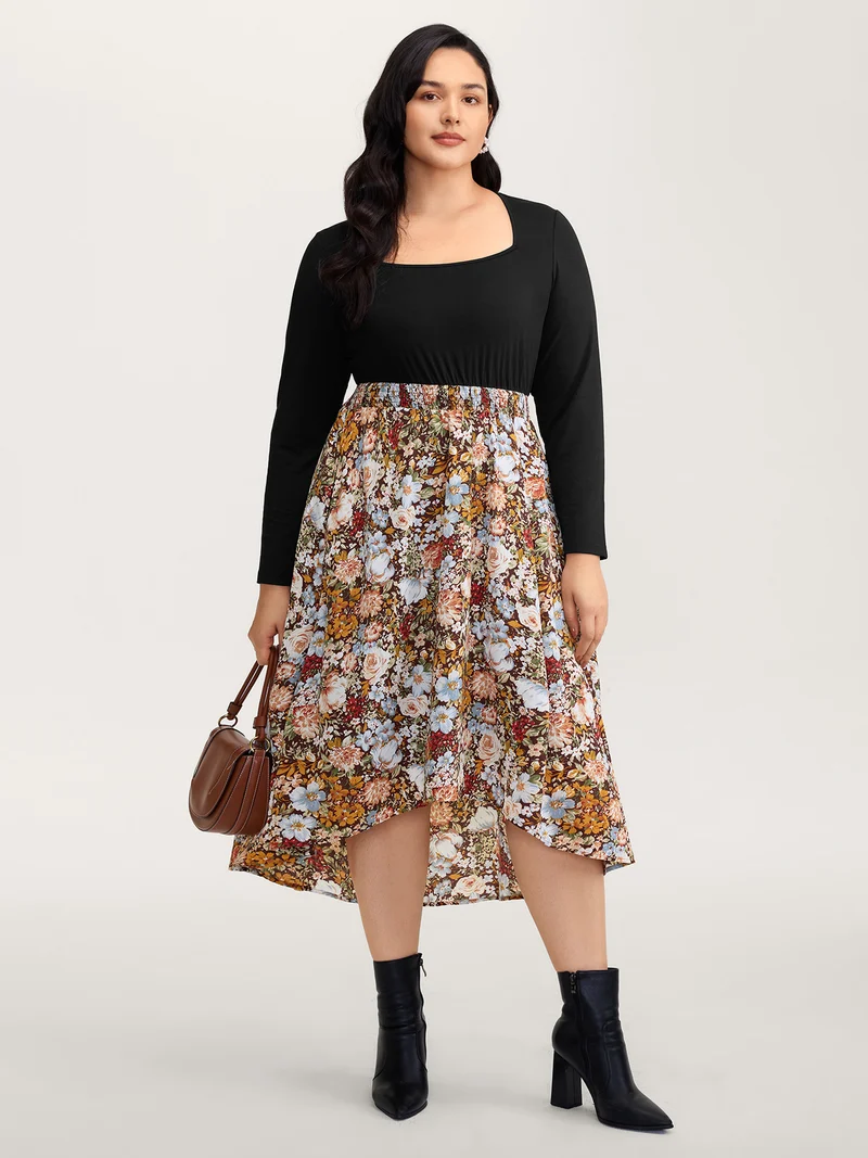 Floral Print High-Low Hem Midi Dress