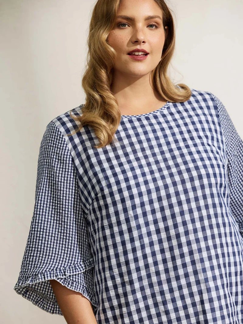 Checkered Print Flared Overlap Sleeve Blouse