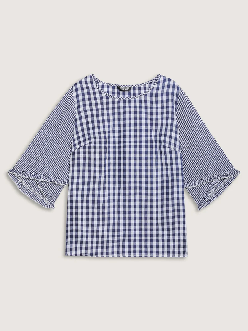 Checkered Print Flared Overlap Sleeve Blouse