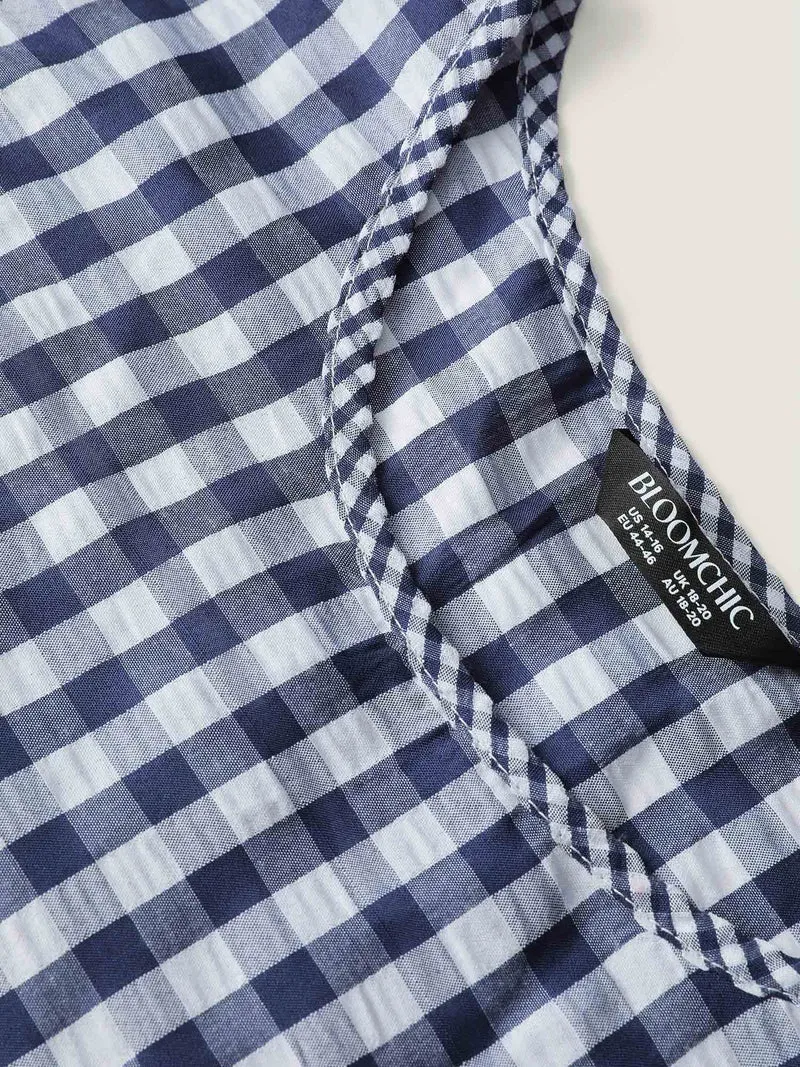 Checkered Print Flared Overlap Sleeve Blouse