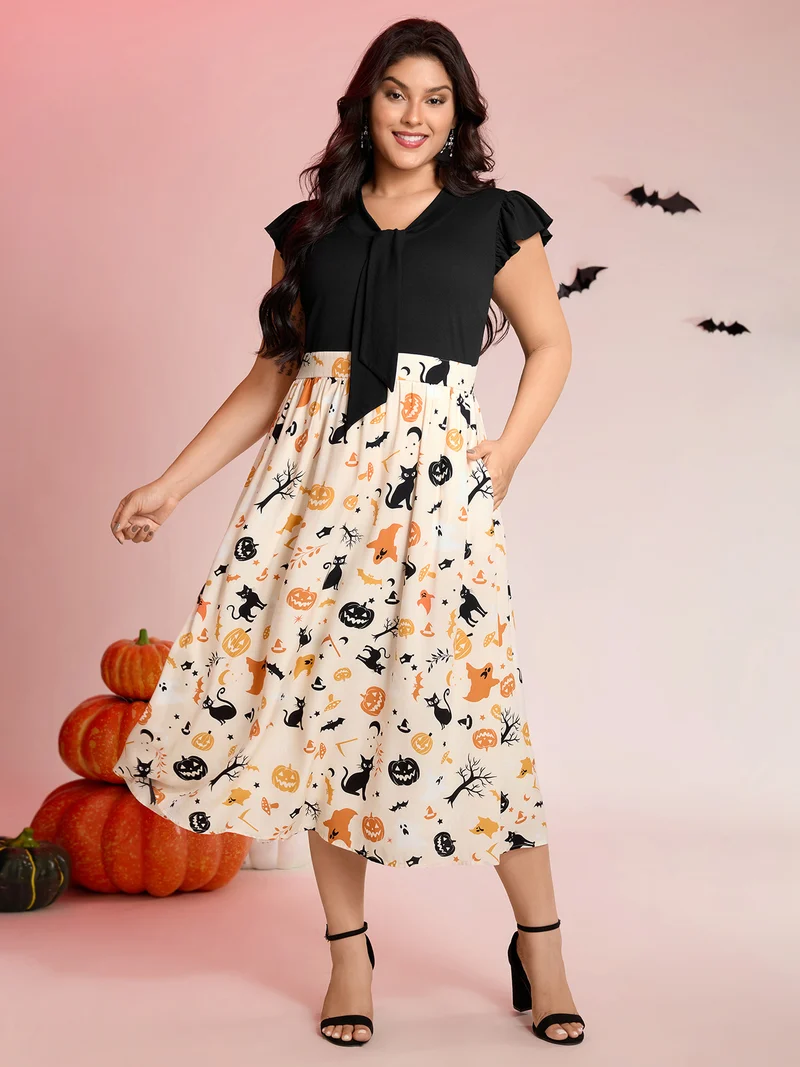 Halloween Print Spliced Neck-Tie Midi Dress