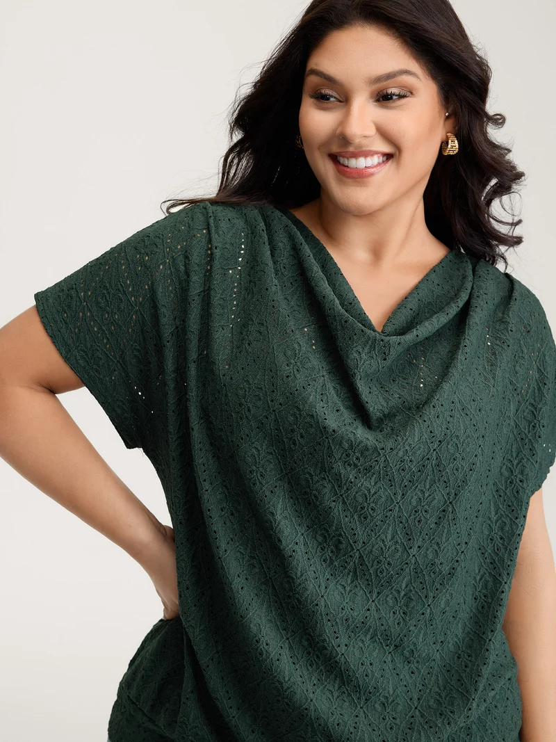 Draped Neckline Textured Button Back Blouse