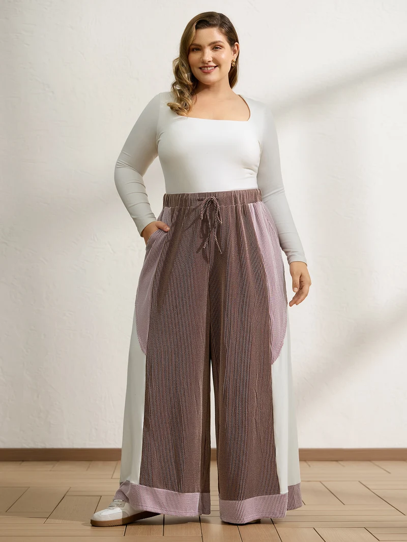 Colorblock Waist Drawstring Wide-Leg Pants