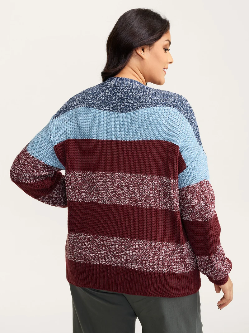 Colorblock Buttons V-Neck Knit Cardigan