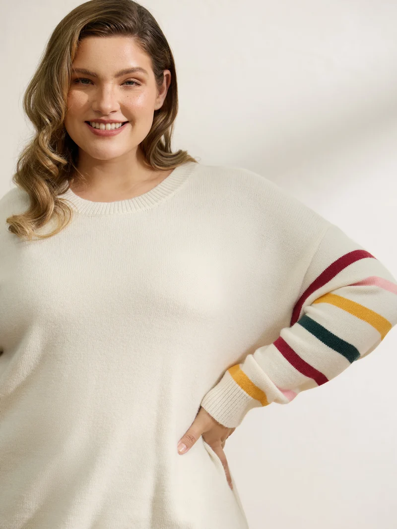 Rainbow Stripe Sleeve Contrast Pullover