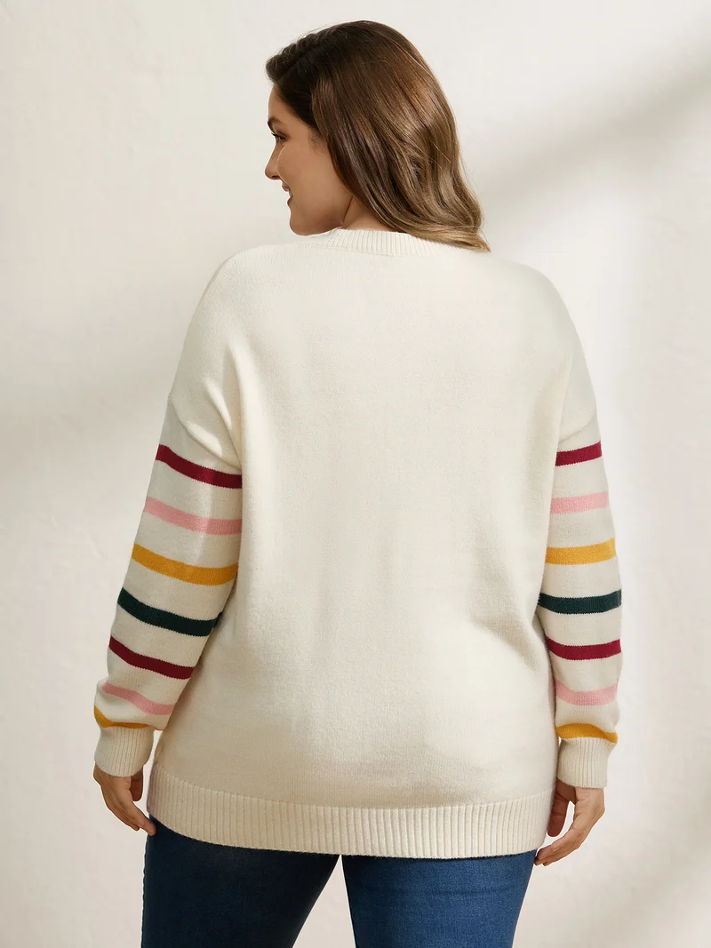 Rainbow Stripe Sleeve Contrast Pullover