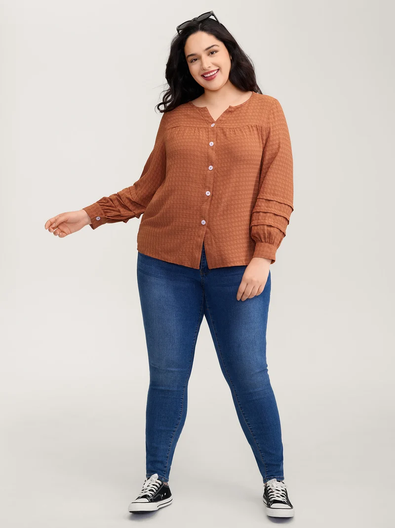 Textured Button Detail Pleated Button-Down Shirt