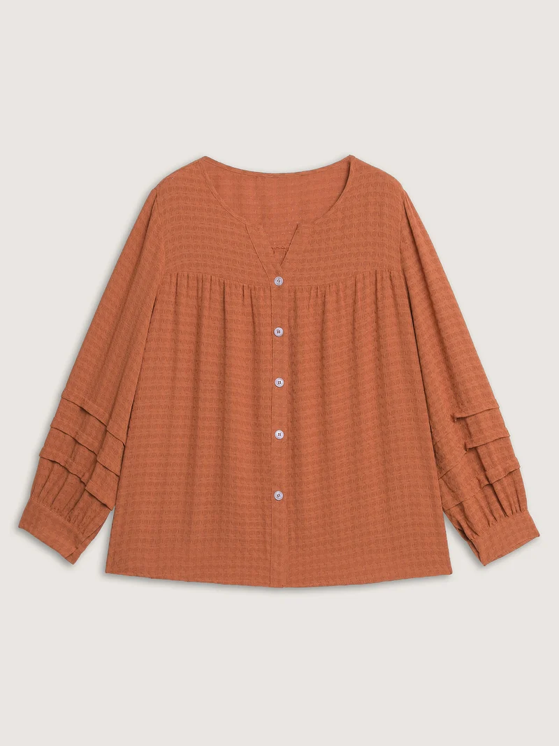 Textured Button Detail Pleated Button-Down Shirt