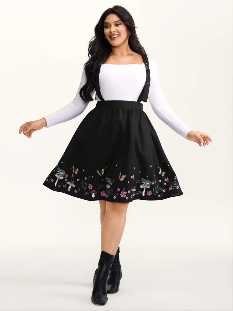 Mushroom Hem Print Adjustable Straps Skirt