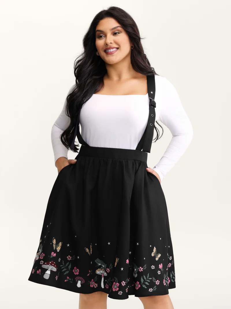 Mushroom Hem Print Adjustable Straps Skirt