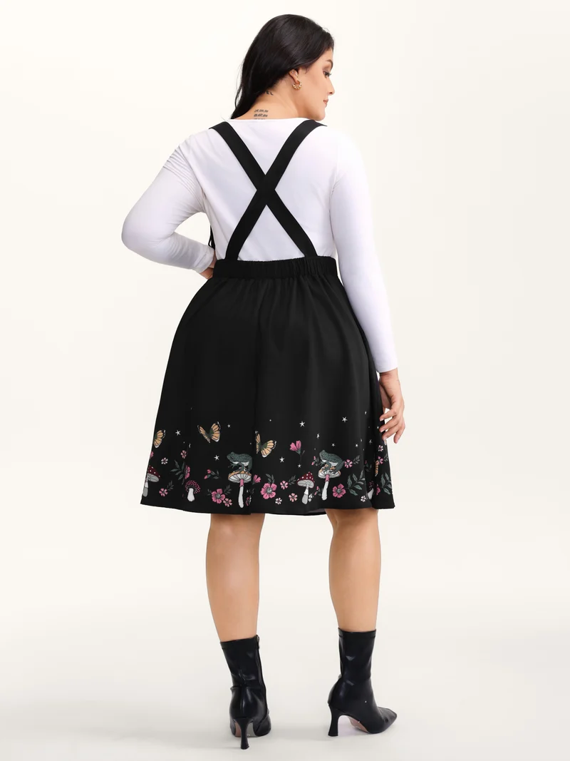 Mushroom Hem Print Adjustable Straps Skirt