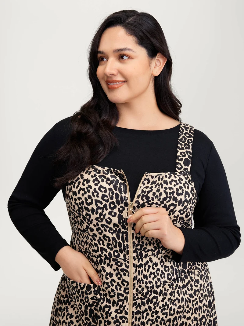 Leopard Print Zipper Front Knee-Length Dress