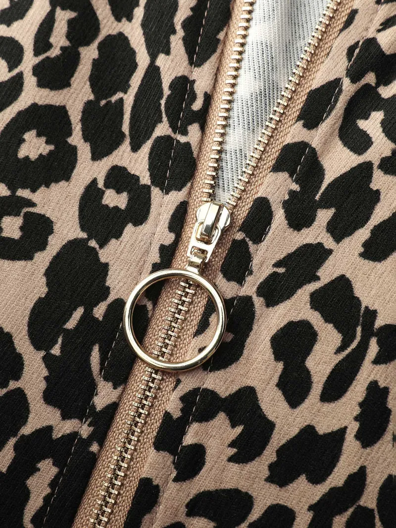 Leopard Print Zipper Front Knee-Length Dress