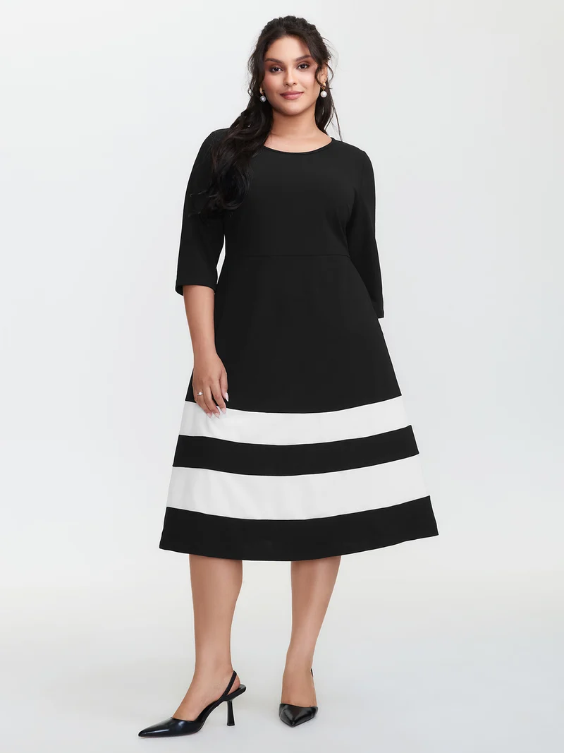 Color Stripes Pockets Midi Dress