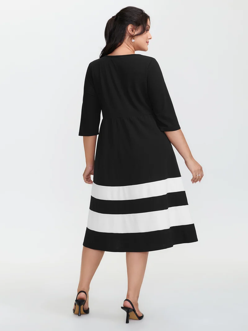 Color Stripes Pockets Midi Dress