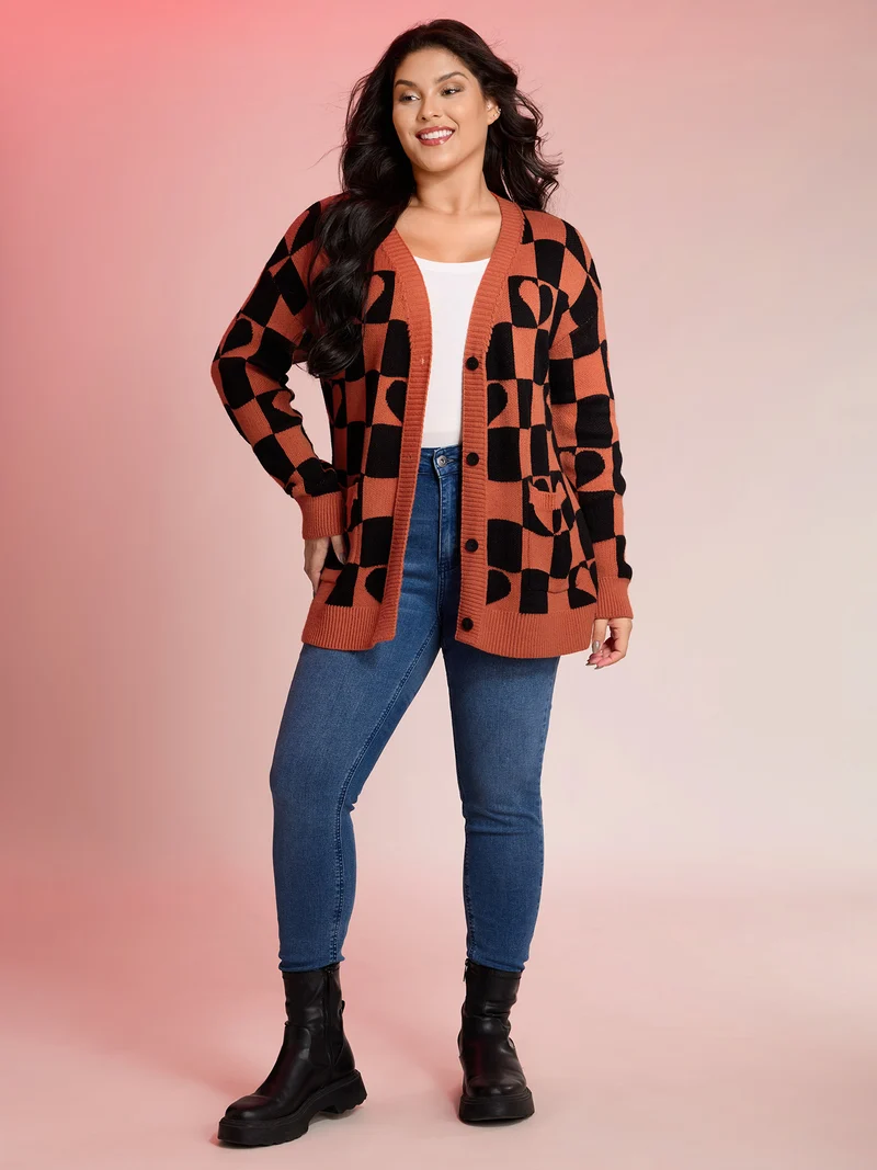 Supersoft Checkered Hearts Stretchy Knit Cardigan