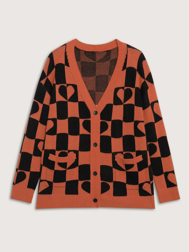 Supersoft Checkered Hearts Stretchy Knit Cardigan