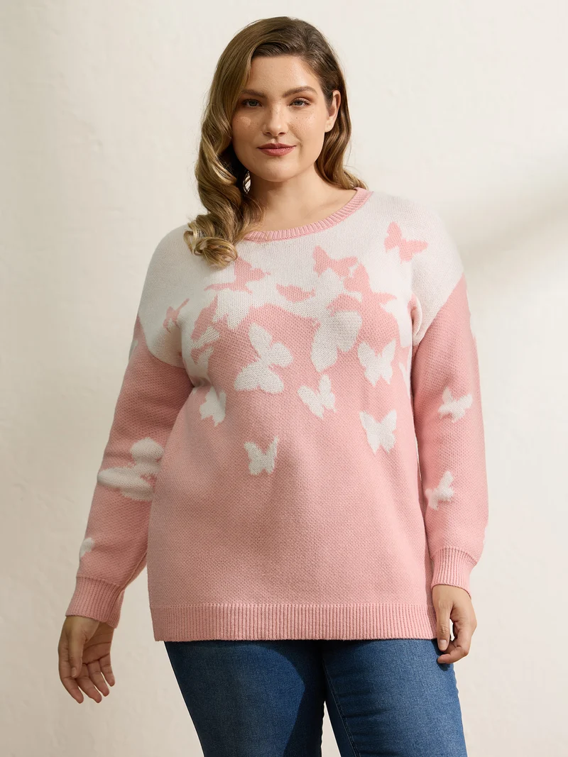 Butterfly Jacquard Pattern Ribbed Hem Pullover