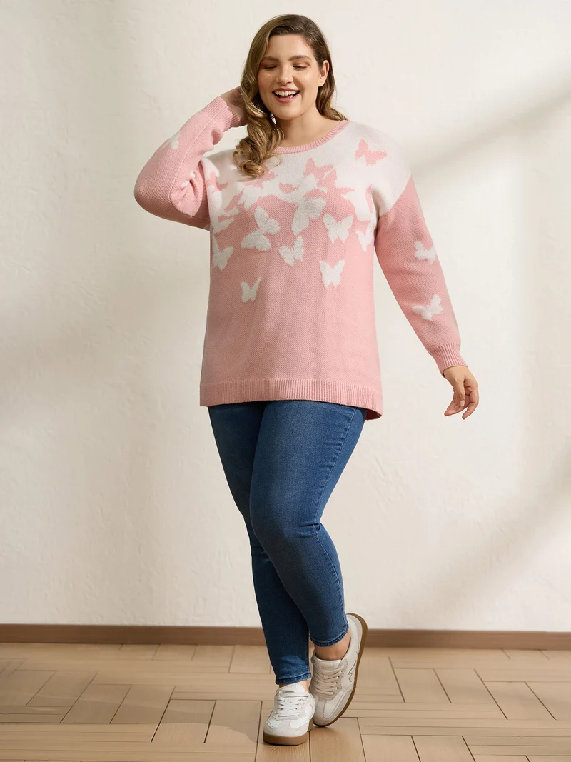 Butterfly Jacquard Pattern Ribbed Hem Pullover